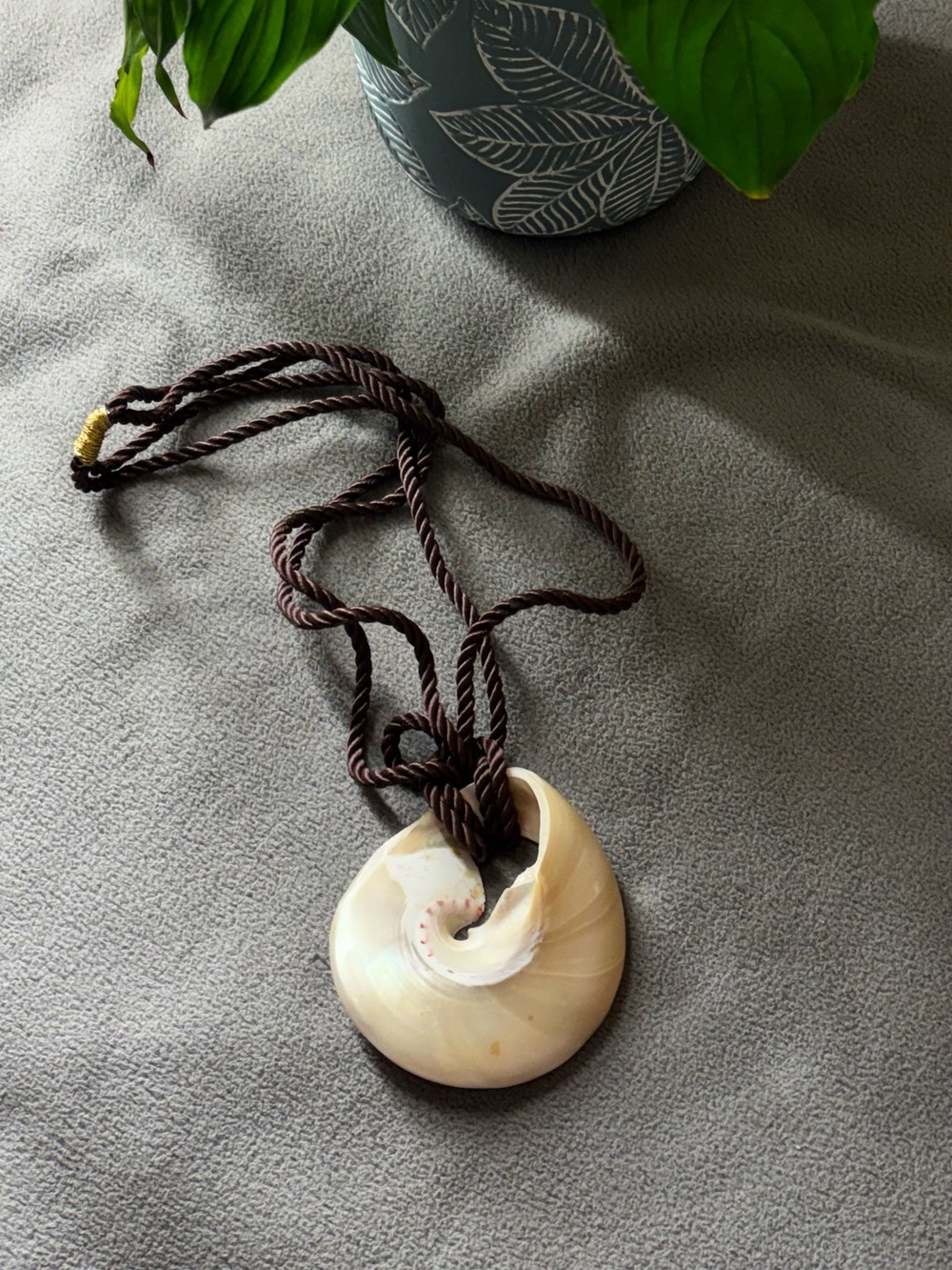 Vintage Spiral Shell Pendant Necklace Brown Cord Boho